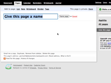 Screenshot showing the creation of a new page within Backpack