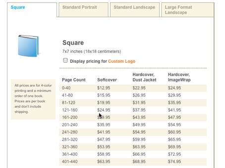 Screenshot of the Blurb pricing page