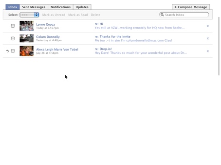 Screenshot showing Facebook\'s email inbox
