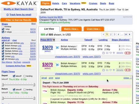 Screenshot showing Kayak returning flight results