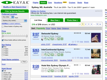 Screenshot showing example search results for hotels in Sydney