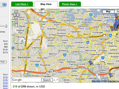 Screenshot showing Kayak's map view option
